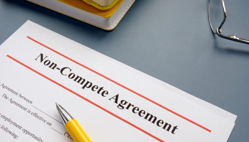 A non-compete agreement laid out on a table with a pen and glasses.