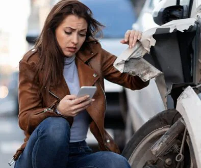 Woman examining damage to her car after an accident, holding her phone and looking concerned.