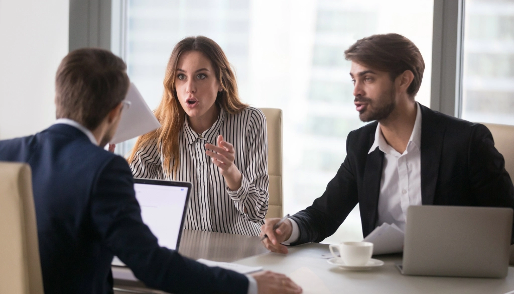 Three employees sitting around a conference table in a heated argument at the office.