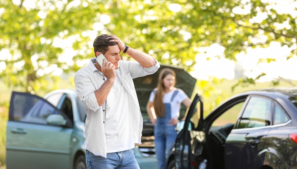 Man on the phone after a car accident with a woman and two damaged vehicles in the background.