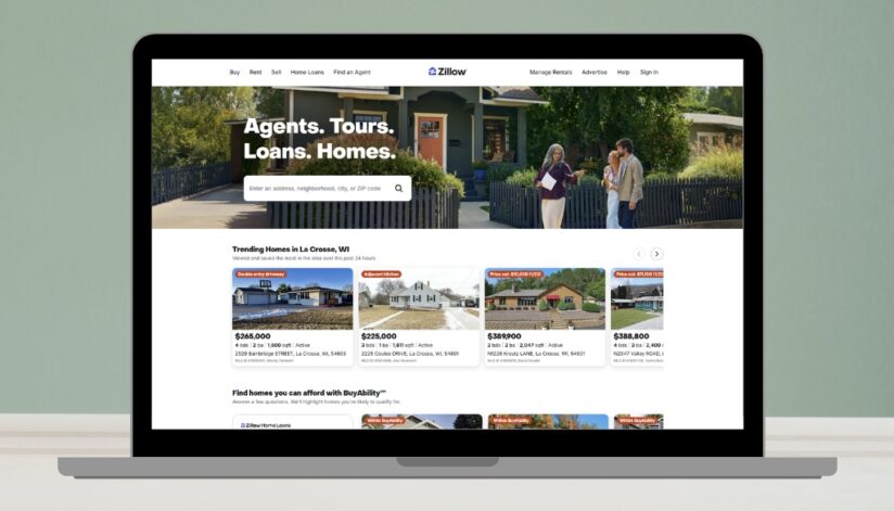 Zillow homepage displayed on a laptop, showcasing trending home listings in La Crosse, WI.