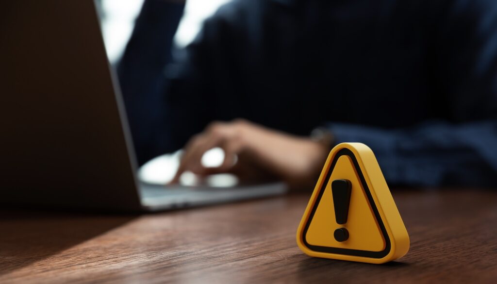 A yellow warning sign with an exclamation mark sits on a wooden desk in front of a person working on a laptop.