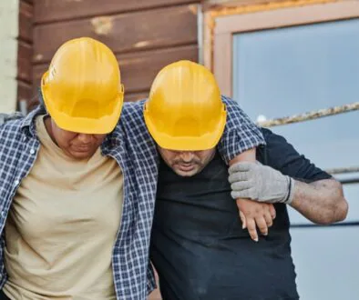 A construction worker in a hard hat helps an injured coworker walk after a workplace accident.