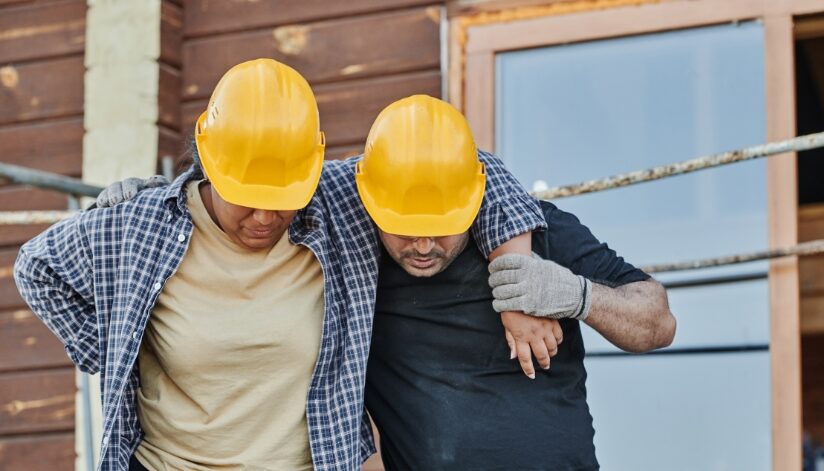 A construction worker in a hard hat helps an injured coworker walk after a workplace accident.