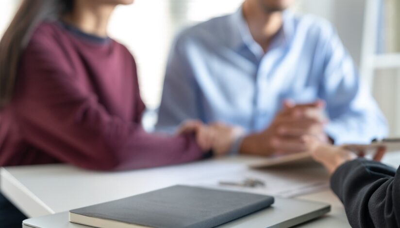 A couple meets with an estate planning attorney to discuss legal documents and plan for their family’s financial future.