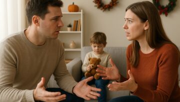 Divorced parents discussing who gets custody of their child for the holidays.