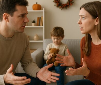 Divorced parents discussing who gets custody of their child for the holidays.