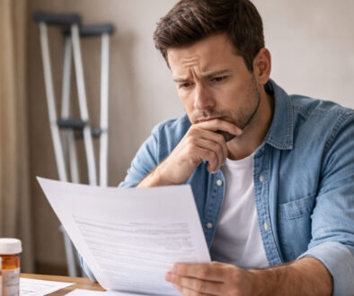 A man sits at a table reviewing a personal injury claim document while recovering from an injury, with crutches and prescription bottles nearby, reflecting the uncertainty and waiting involved in an injury claim process.