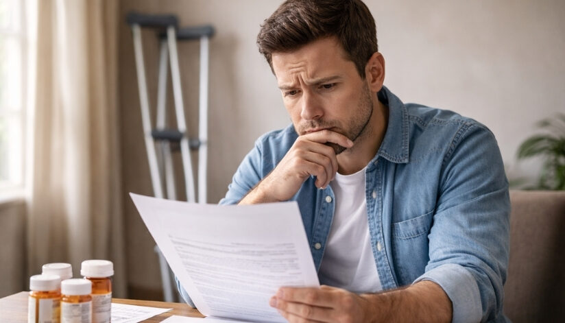 A man sits at a table reviewing a personal injury claim document while recovering from an injury, with crutches and prescription bottles nearby, reflecting the uncertainty and waiting involved in an injury claim process.