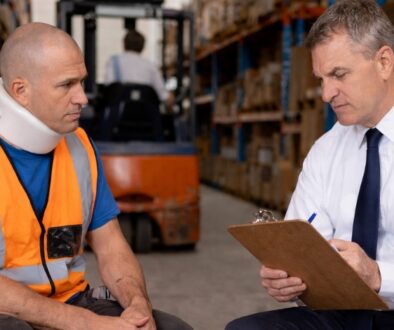 An injured warehouse worker wearing a safety vest and neck brace sits across from a supervisor reviewing paperwork in a warehouse setting during a return to work discussion.
