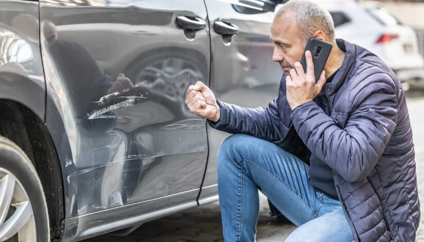 Man kneeling and assessing damages to his car while talking on a cell phone.