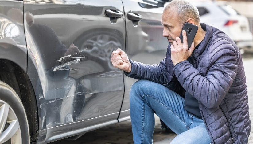 Man kneeling and assessing damages to his car while talking on a cell phone.